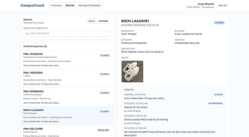 CampusFound queries interface for tracking guest lost-item requests.