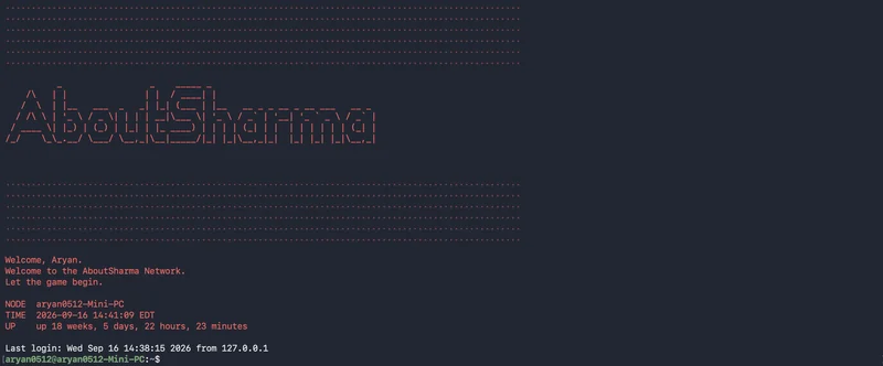 Custom Linux server environment showing the AboutSharma Network login interface.